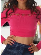 Dekoltázsán fűzős hosszú ujjú pink crop top