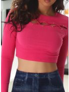 Dekoltázsán fűzős hosszú ujjú pink crop top