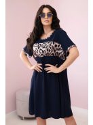 Plus size rövid ujjú A vonalú lenge sötétkék ruha / tunika leopárdos betéttel