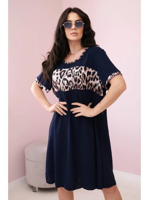 Plus size rövid ujjú A vonalú lenge sötétkék ruha / tunika leopárdos betéttel