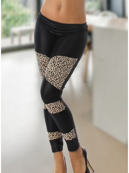 Leopárd betétes nagy méretű fényes fekete leggings